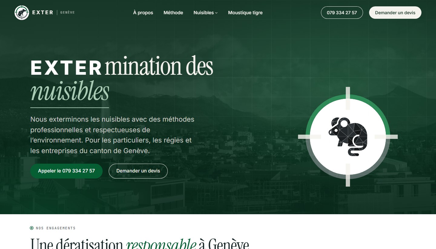 site internet EXTER Genève, lutte contre les nuisibles